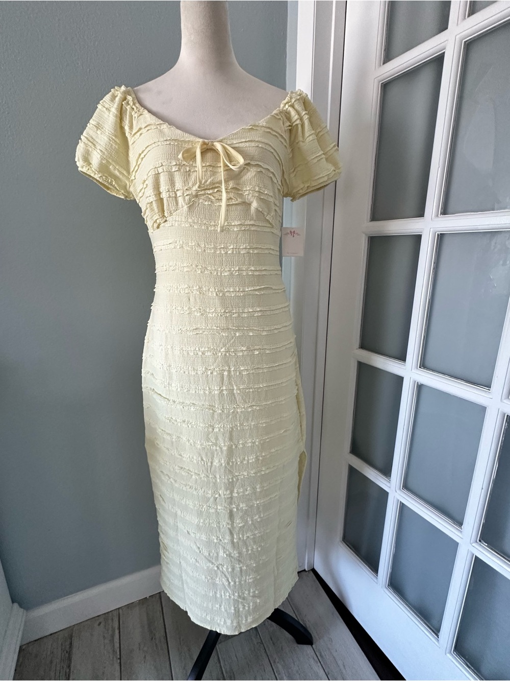 Light Yellow Textured Midi Dress with Tie Front